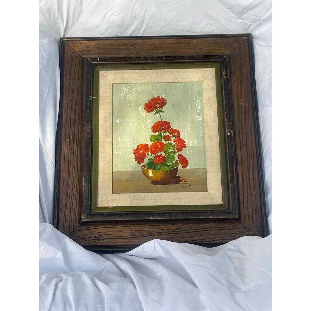 Framed art red potted flowers still life June Scott